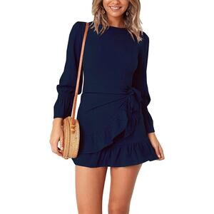 WEEPINLEE Women's Long Sleeve Round Neck Ruffles Wrap Dresses Party Dress XL
